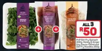 Pick n Pay PnP Stir Fry Spinach 400g, Honey & Ginger Soy Sauce 100ml and Stir Fry Noodles 250g offer