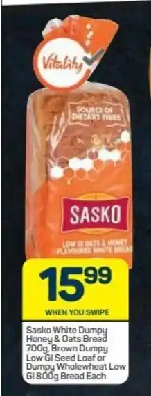 Pick n Pay Sasko White Dumpy Honey, & Oast Bread 700g, Brown Dumpy Low GI Seed Loaf or Dumpy Wholewheat Low GI 800g Bread offer