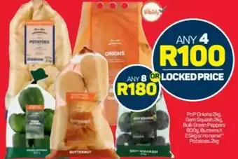 Pick n Pay PnP Onions 2kg, Gem Squash 2kg, Bulk Green Peppers 800g, Butternut 2.5kg, no name Sweet Potato 2kg or Potatoes 2kg offer