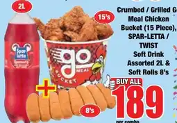 Boxer Superstores Crumbled / Grilled Chicken Bucket / SPAR-LETTA / TWIST Soft Drink Assorted offer