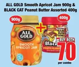 Boxer Superstores ALL GOLD Smooth Apricot Jam & BLACK CAT Peanut Butter Assorted offer