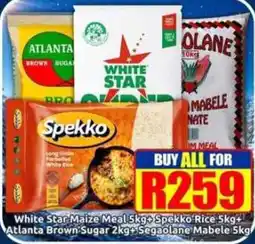 Three Star Cash and Carry White Star Maize Meal Spekko Rice Atlanta Brown Sugar Segaalane Mabele offer
