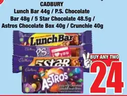Boxer Superstores CADBURY Lunch Bar / P.S. Chocolate Bar / 5 Star Chocolate / Astros Chocolate Box / Crunchie offer