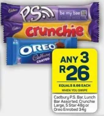 Pick n Pay Cadbury P.S. Bar, Lunch Bar Assorted, Crunchie Large, 5 Star 48g or Oreo Enrobed 34g offer