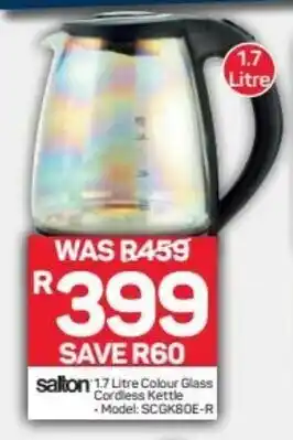 Pick n Pay Salton 1.7 Litre Colour Glass Cordless Kettle offer