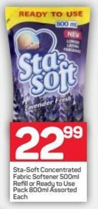 Pick n Pay Sta- Soft Concentrated Fabric Softener 500ml Refill or Ready to Use Pack 800ml Assorted offer