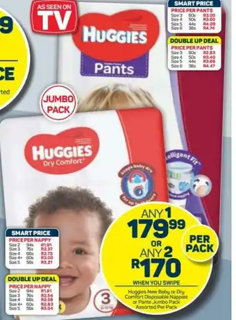 Pick n Pay Huggies New Baby or Dry Comfort Disposable Nappies or Pants Jumbo Pack Assorted Per Pack offer