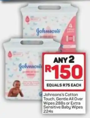 Pick n Pay Johnson's Cotton Touch, Gentle All Over Wipes 288s or Extra Sensitive Baby Wipes 224s offer