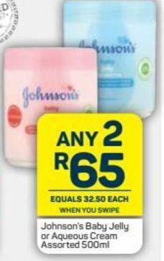 Pick n Pay Johnson's Baby Jelly or Aqueous Cream Assorted 500ml offer