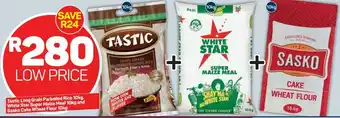 Pick n Pay Tastic Long Grain Parboiled Rice 10kg, White Star Super Maize Meal 10kg and Sasko Cake Wheat Flour 10kg offer