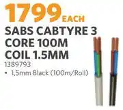 BUCO Sabs Cabtyre 3 Core 100m Coil (1.5mm Black) 1389793-Per Roll offer