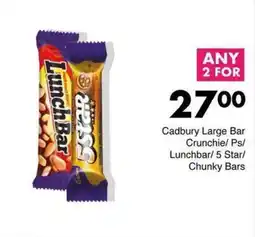 Save Cadbury Large Bar Crunchie/ Ps/ Lunchbar/ 5 Star/ Chunky Bars offer
