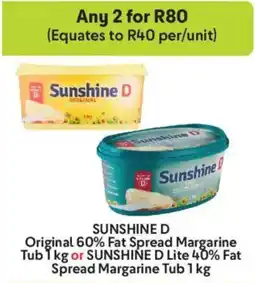 Makro Sunshine D Original 60% Fat Spread Margarine or Sunshine D Lite 40% Fat Spread Margarine Tub offer