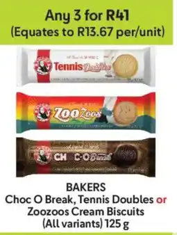 Makro Bakers Choc O Break, Tennis Doubles or Zoozoos Cream Biscuits offer