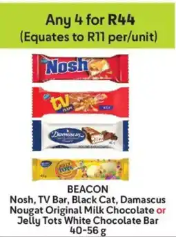 Makro Beacon Nosh, TV Bar, Black Cat, Damascus Nougat Original Milk Chocolate or Jelly Tots White Chocolate Bar offer