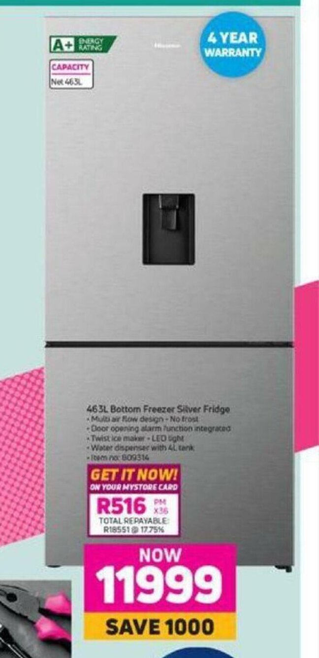 Hisense 463L Bottom Freezer Silver Fridge offer at MTN