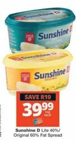 Checkers Sunshine D Lite 40%/Original 60% Fat Spread offer