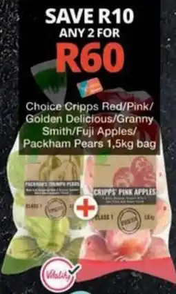 Checkers Choice Cripps Red/Pink/Golden Delicious/Granny Smith/Fuji Apples/Packham Pears offer