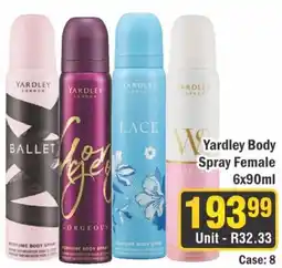 J&E Cash and Carry Yardley Body Spray Female Assorted offer