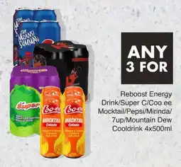 Save Hyper Reboost Energy Drink/Super C/Coo ee Mocktail/Pepsi/Mirinda/7up/Mountain Dew Cooldrink offer