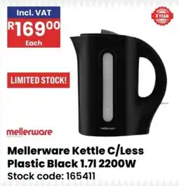 Africa Cash and Carry Mellerware Kettle C/Less Plastic Black offer