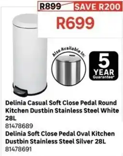 Leroy Merlin Delinia Casual Soft Close Pedal Round Kitchen Dustbin Stainless Steel White offer