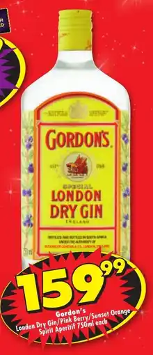 Shoprite Gordon's London Dry Gin/Pink Berry/Sunset Orange Spirit Aperitif offer