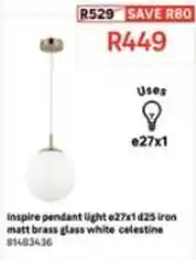 Leroy Merlin Inspire pendant light e27x1d25 iron matt brass glass white celestine 81483436 offer