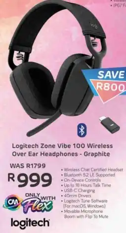 Computer Mania Logitech Zone Vibe 100 Wireless Over Ear Headphones - Graphite offer