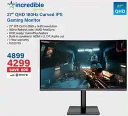 Incredible Connection incredible gaming 27" QHD 180Hz Curved IPS Gaming Monitor offer