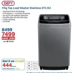 Incredible Connection DEFY 17kg Top Load Washer Stainless DTL153 offer