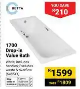 Builders Warehouse Betta 1700 Drop-In Value Bath Incl Handles And Excl Waste & Overflow (White) 648541 offer