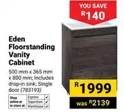 Builders Warehouse Eden Floorstanding Vanity Cabinet 500mm x 365mm x 800mm Incl Drop-In Sink 783193 offer