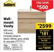 Builders Warehouse Builders Wall-Mount Vanity 600mm Incl Drop-In Basin (White, Grey, Shale & Cascade) 771711 offer