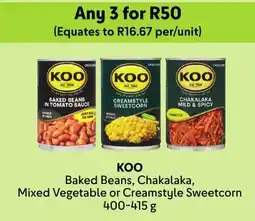 Makro KOO Baked Beans, Chakalaka, Mixed Vegetable or Creamstyle Sweetcorn offer