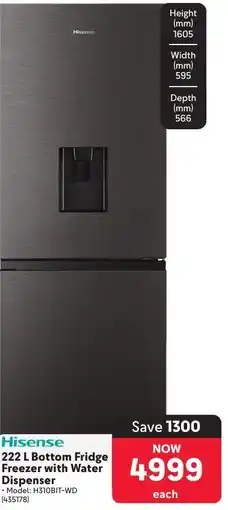 Makro Hisense 222 L Bottom Fridge Freezer with Water Dispenser offer