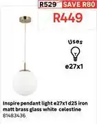 Leroy Merlin Inspire Pendant Light Set E27 x 1 D25 Iron Matt Brass Glass White Celestine 81483436 offer