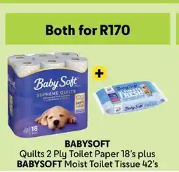 Makro BABYSOFT Quilts 2 Ply Toilet Paper 18's plus BABYSOFT Moist Toilet Tissue 42's offer