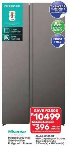 Pick n Pay Hypermarket Hisense Metallic Grey Inox Side-by-Side Fridge with Freezer offer