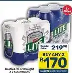 Pick n Pay Castle - castle lite or draught 6 x 500ml cans offer