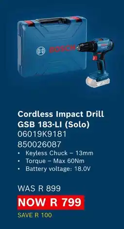 Builders Warehouse Bosch Cordless Impact Drill offer