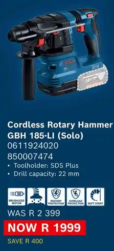 Builders Warehouse Bosch Cordless Rotary Hammer GBH 185-LI (Solo) offer