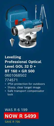 Builders Warehouse Bosch Levelling Professional Optical Level GOL 32 D + BT 160 + GR 500 offer