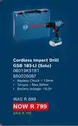 Builders Warehouse Bosch Cordless Impact Drill GSB 183-Li (Solo) 06019K9181 850026087 offer
