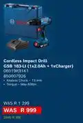 Builders Warehouse Bosch Cordless Impact Drill GSB 183-Li (1 x 2.0Ah + 1xCharger) 06019K91K1 850007926 offer