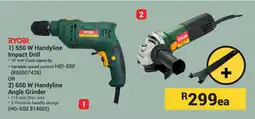 Builders Warehouse Ryobi 550 W Handyline Impact Drill or 650 W Handyline Angle Grinder offer