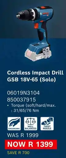 Builders Warehouse Bosch Cordless Impact Drill offer