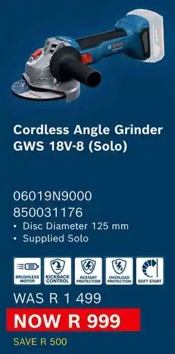 Builders Warehouse Bosch Cordless Angle Grinder offer