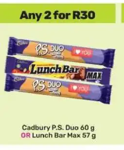 Game Cadbury P.S Duo 60 g or Lunch Bar Max 57 g offer