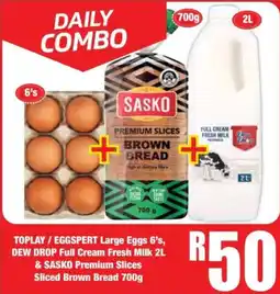 Boxer Toplay/ Eggspert Large Eggs, Dew Drop Full Cream Fresh Milk & Sasko Premium Slices Sliced Brown Bread offer